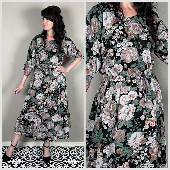 Vintage Dresses & Skirts - Vintage 1970s Homemade Black Floral Split Sleeve Midi Dress